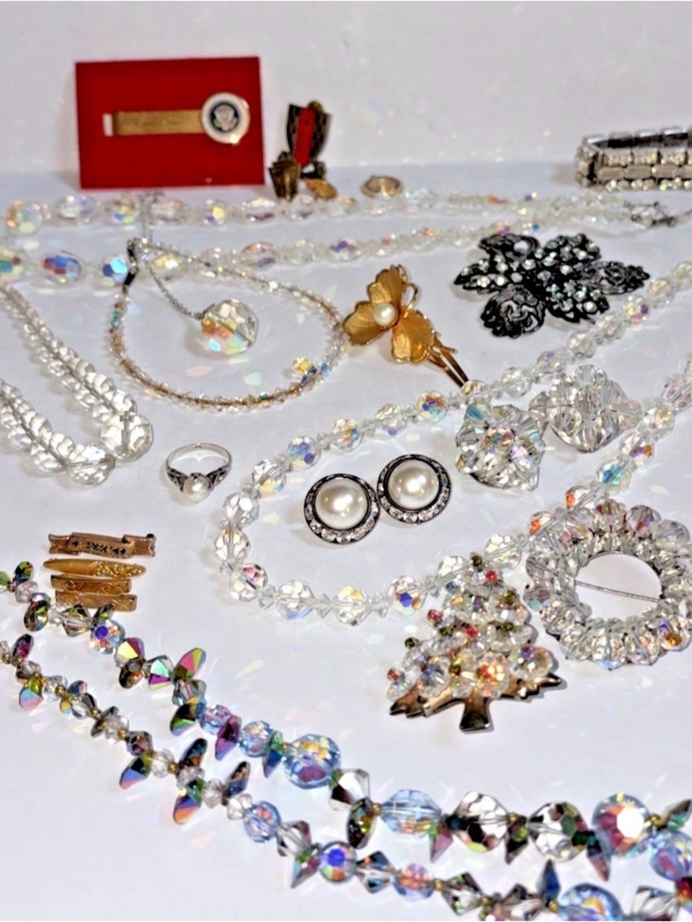 Vtg 50s-60s Jewelry Lot Aurora Borealis Crystal Necklace Pins Earrings Wearable